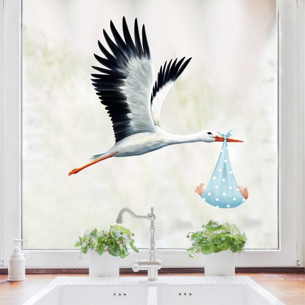 Auf dem Bild ist das Produkt: Fensterbild Frühling Klapperstorch Storch Baby Junge Geburt Fensterdeko Kinderzimmer Kind Osterdeko Frühlingsdeko zum Preis von €13.90 abgebildet.