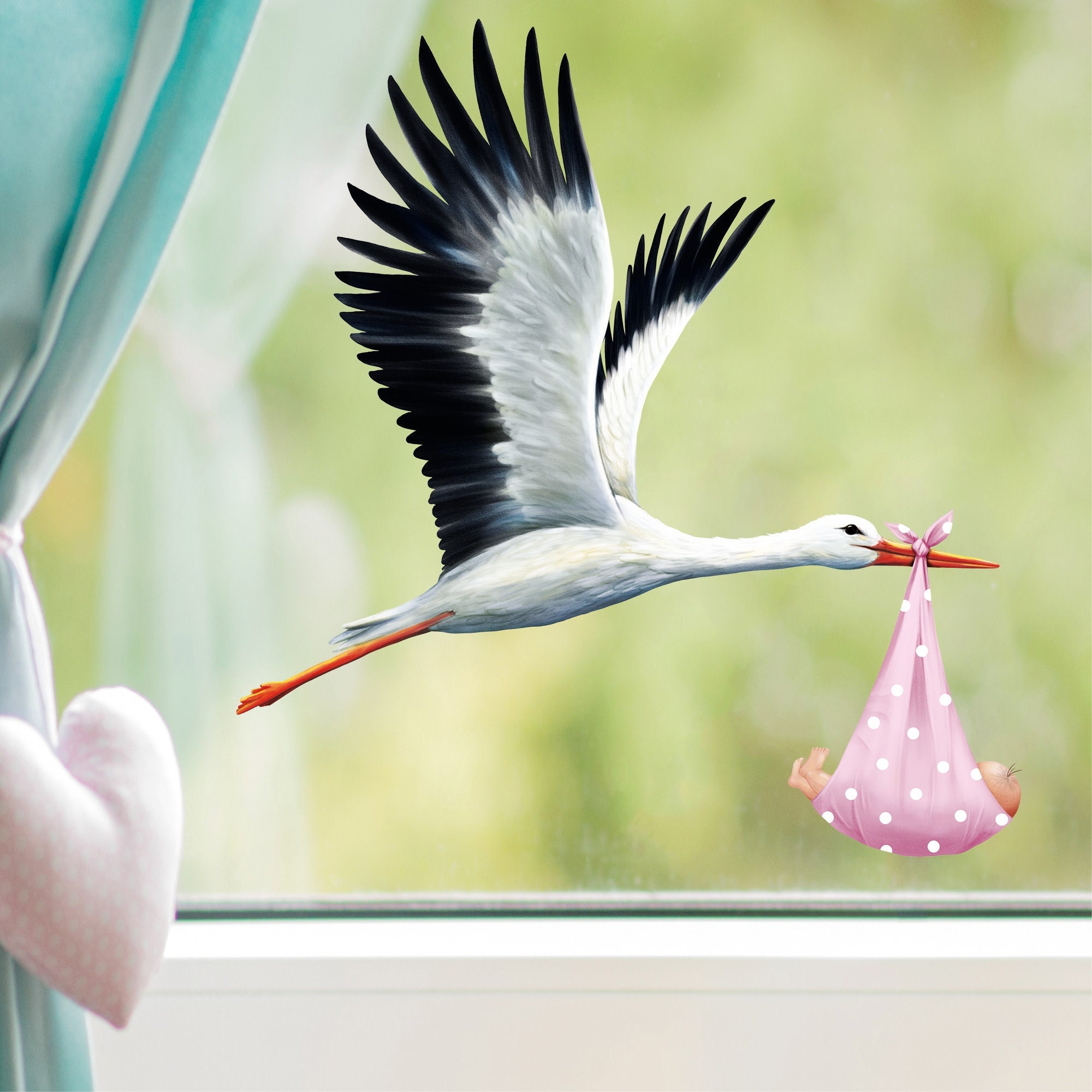Fensterbild Frühling Klapperstorch Storch Baby Mädchen Geburt Fensterdeko Kinderzimmer Kind Osterdeko Frühlingsdeko