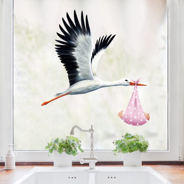 Auf dem Bild ist das Produkt: Fensterbild Frühling Klapperstorch Storch Baby Mädchen Geburt Fensterdeko Kinderzimmer Kind Osterdeko Frühlingsdeko zum Preis von €14.9 abgebildet.