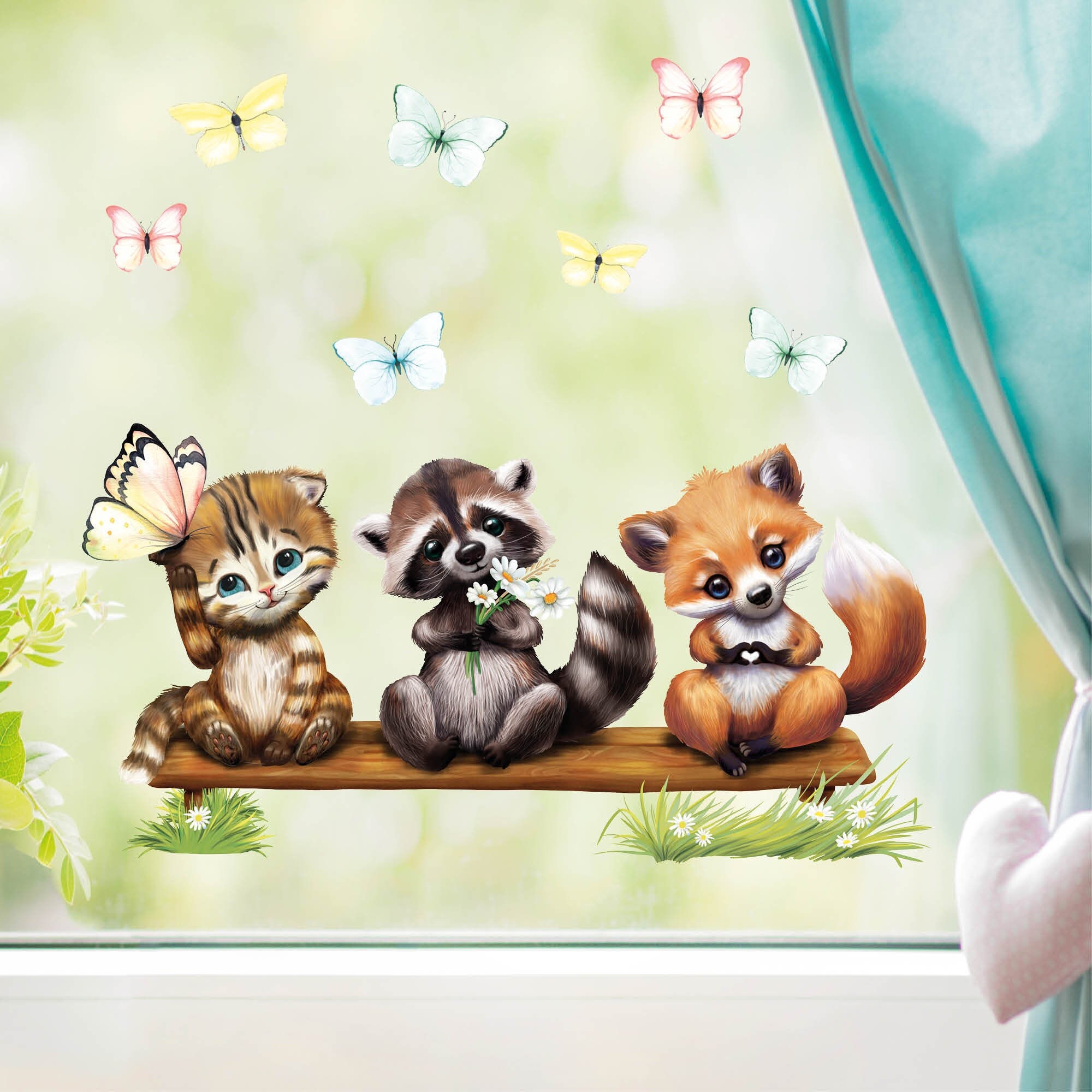 Fensterbild Frühling Ostern Fuchs Waschbär Katze Schmetterlinge Fensterdeko Kinderzimmer Kind, Osterdeko, Frühlingsdeko