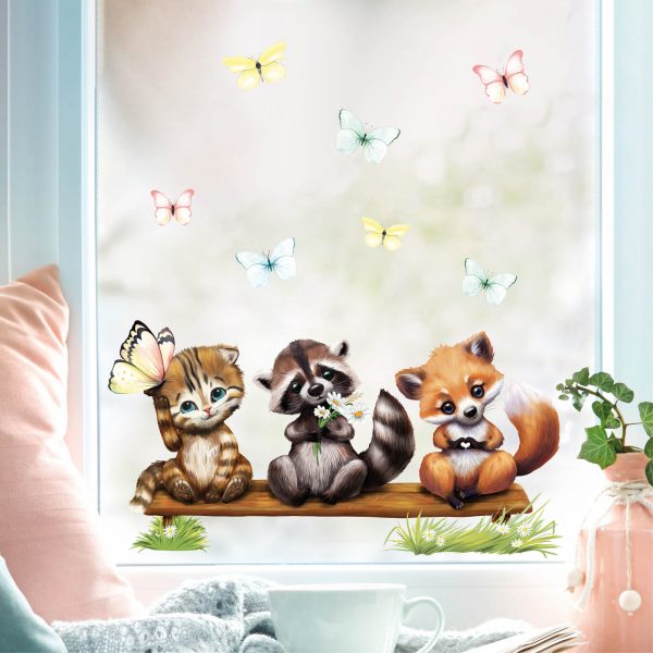 Auf dem Bild ist das Produkt: Fensterbild Frühling Ostern Fuchs Waschbär Katze Schmetterlinge Fensterdeko Kinderzimmer Kind, Osterdeko, Frühlingsdeko zum Preis von €14.9 abgebildet.
