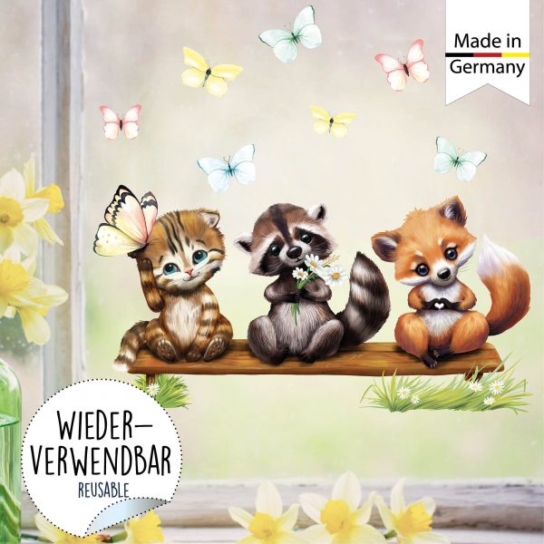 Auf dem Bild ist das Produkt: Fensterbild Frühling Ostern Fuchs Waschbär Katze Schmetterlinge Fensterdeko Kinderzimmer Kind, Osterdeko, Frühlingsdeko zum Preis von €14.9 abgebildet.