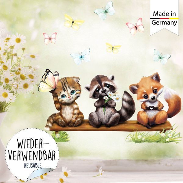 Auf dem Bild ist das Produkt: Fensterbild Frühling Ostern Fuchs Waschbär Katze Schmetterlinge Fensterdeko Kinderzimmer Kind, Osterdeko, Frühlingsdeko zum Preis von €14.9 abgebildet.