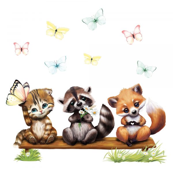 Auf dem Bild ist das Produkt: Fensterbild Frühling Ostern Fuchs Waschbär Katze Schmetterlinge Fensterdeko Kinderzimmer Kind, Osterdeko, Frühlingsdeko zum Preis von €14.9 abgebildet.