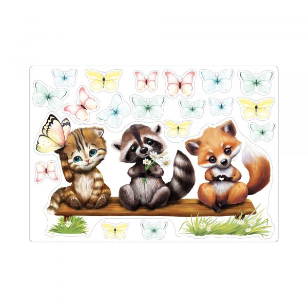 Auf dem Bild ist das Produkt: Fensterbild Frühling Ostern Fuchs Waschbär Katze Schmetterlinge Fensterdeko Kinderzimmer Kind, Osterdeko, Frühlingsdeko zum Preis von €14.9 abgebildet.