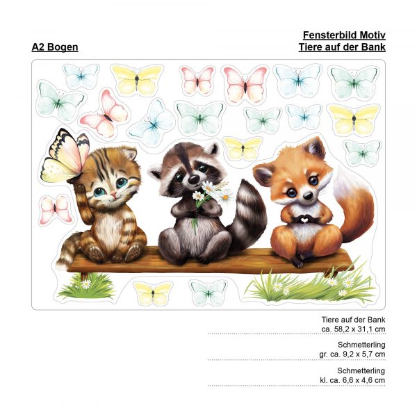 Auf dem Bild ist das Produkt: Fensterbild Frühling Ostern Fuchs Waschbär Katze Schmetterlinge Fensterdeko Kinderzimmer Kind, Osterdeko, Frühlingsdeko zum Preis von €14.9 abgebildet.