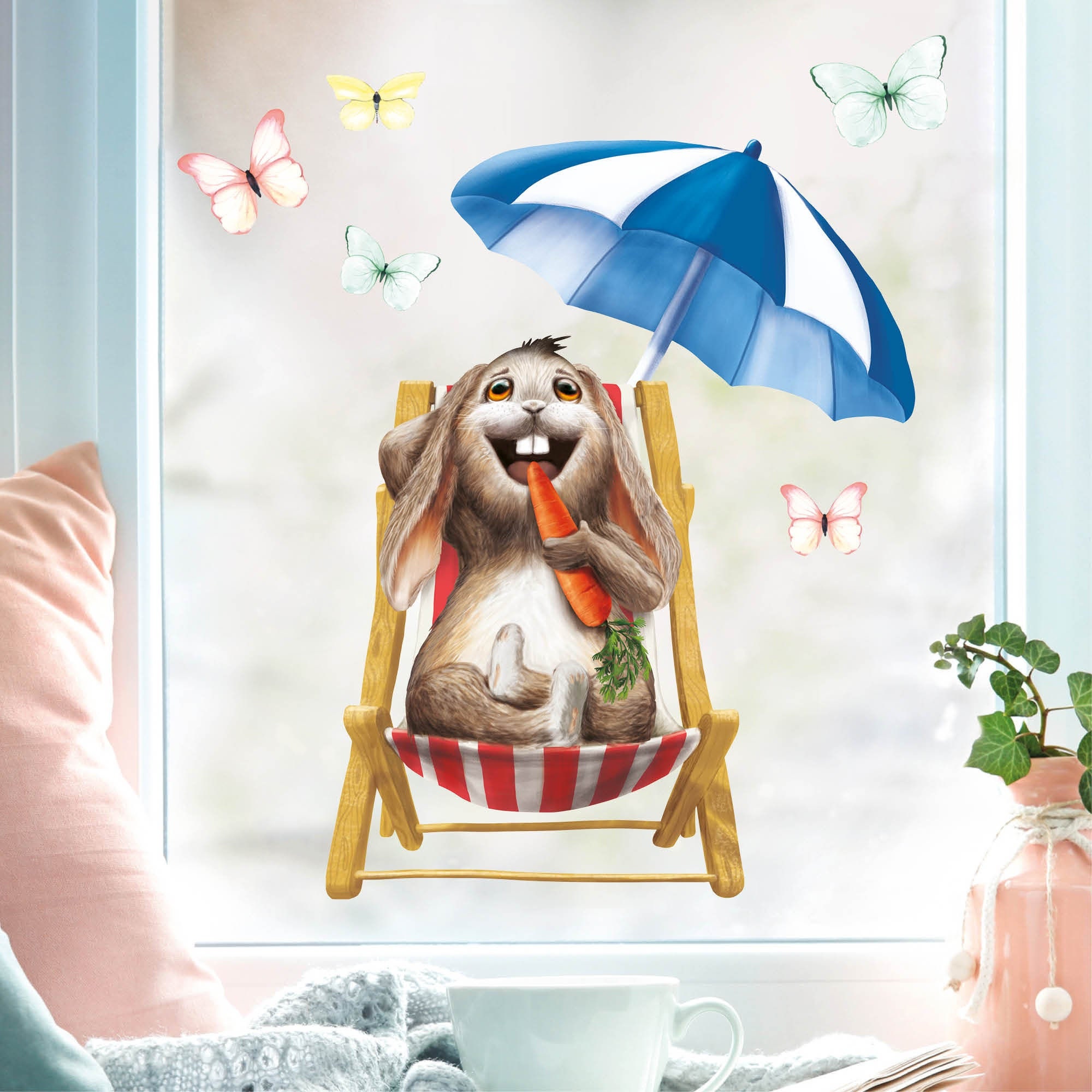Fensterbild Frühling Ostern Hase Liegestuhl Möhre Sonnenschirm Schmetterlinge Fensterdeko Kinder, Frühlingsdeko, Osterdeko