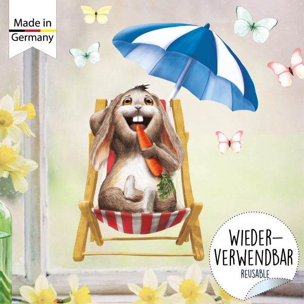 Auf dem Bild ist das Produkt: Fensterbild Frühling Ostern Hase Liegestuhl Möhre Sonnenschirm Schmetterlinge Fensterdeko Kinder, Frühlingsdeko, Osterdeko zum Preis von €14.9 abgebildet.
