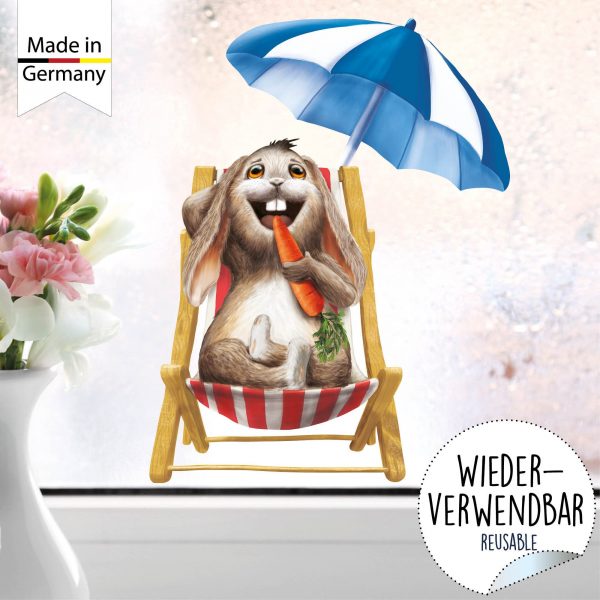 Auf dem Bild ist das Produkt: Fensterbild Frühling Ostern Hase Liegestuhl Möhre Sonnenschirm Schmetterlinge Fensterdeko Kinder, Frühlingsdeko, Osterdeko zum Preis von €14.9 abgebildet.