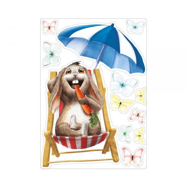 Auf dem Bild ist das Produkt: Fensterbild Frühling Ostern Hase Liegestuhl Möhre Sonnenschirm Schmetterlinge Fensterdeko Kinder, Frühlingsdeko, Osterdeko zum Preis von €14.9 abgebildet.