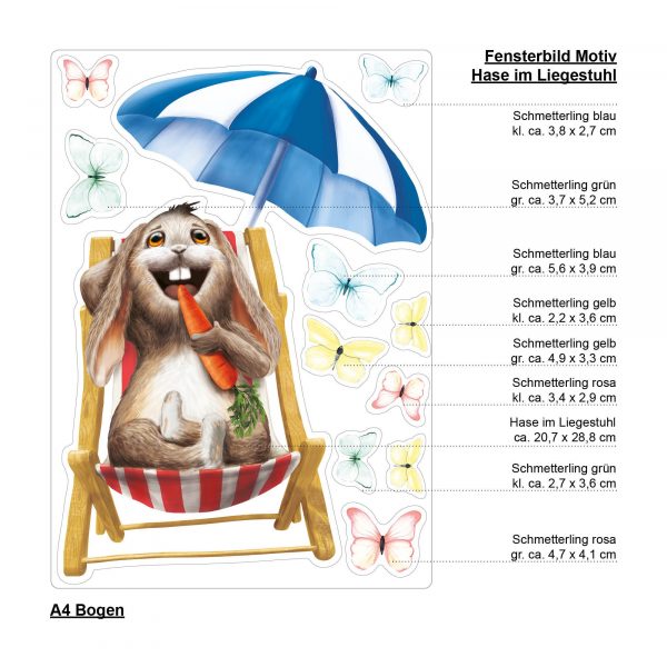Auf dem Bild ist das Produkt: Fensterbild Frühling Ostern Hase Liegestuhl Möhre Sonnenschirm Schmetterlinge Fensterdeko Kinder, Frühlingsdeko, Osterdeko zum Preis von €14.9 abgebildet.