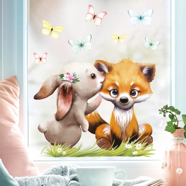 Auf dem Bild ist das Produkt: Fensterbild Frühling Ostern Wiederverwendbar Hase und Fuchs mit Schmetterlingen Fensterdeko Kinder, Frühlingsdeko, Osterdeko Kinderzimmer zum Preis von €14.9 abgebildet.