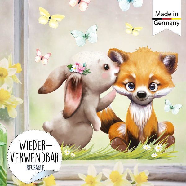 Auf dem Bild ist das Produkt: Fensterbild Frühling Ostern Wiederverwendbar Hase und Fuchs mit Schmetterlingen Fensterdeko Kinder, Frühlingsdeko, Osterdeko Kinderzimmer zum Preis von €14.9 abgebildet.