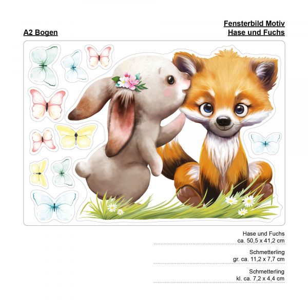 Auf dem Bild ist das Produkt: Fensterbild Frühling Ostern Wiederverwendbar Hase und Fuchs mit Schmetterlingen Fensterdeko Kinder, Frühlingsdeko, Osterdeko Kinderzimmer zum Preis von €14.9 abgebildet.