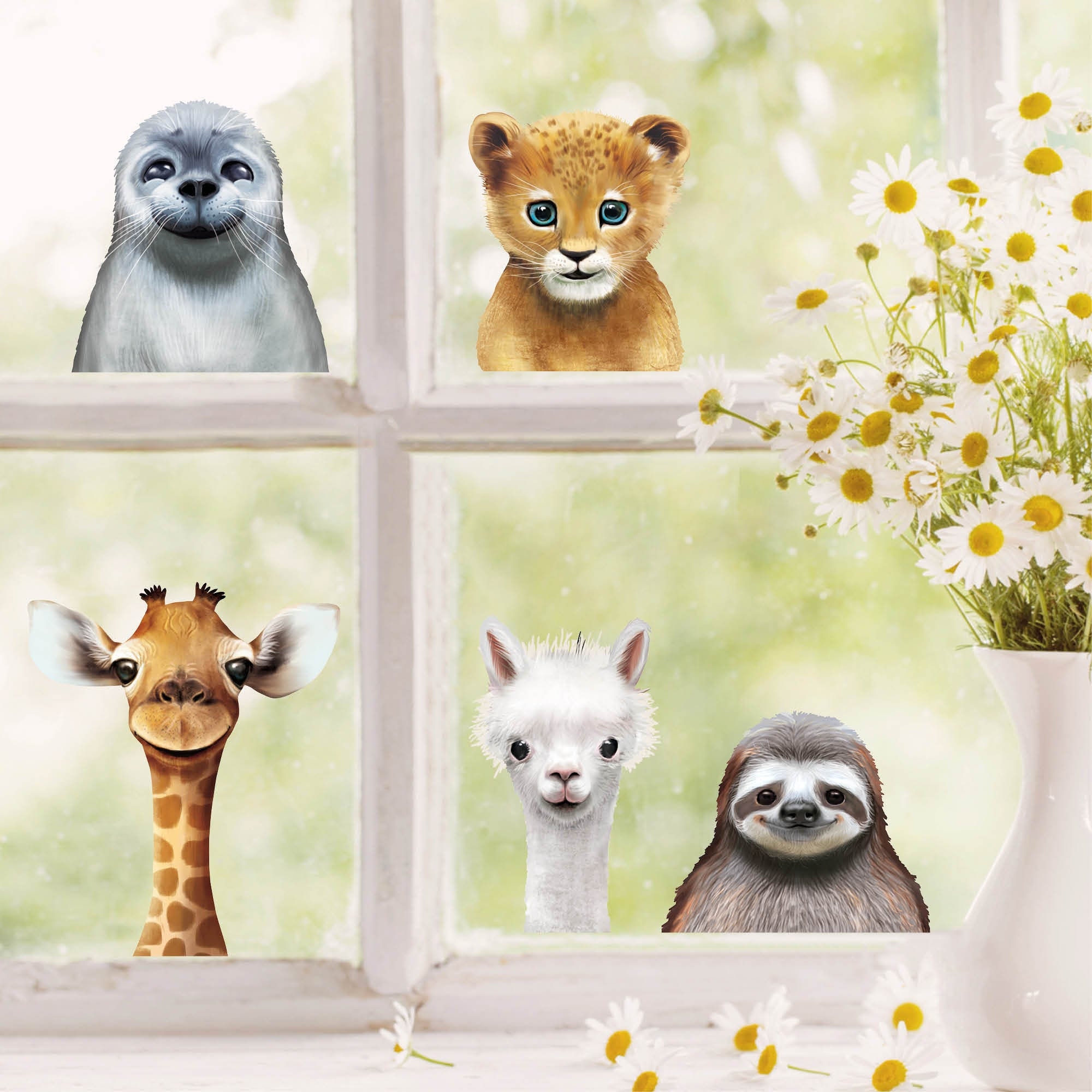 Fensterbild Frühling Ostern Tierköpfe Robbe Giraffe Faultier Alpaka Löwe Fensterdeko Kinderzimmer Kind, Osterdeko, Frühlingsdeko