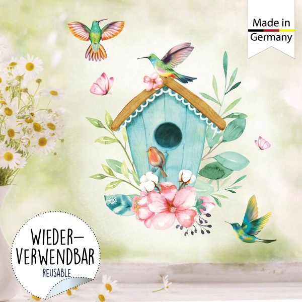 Auf dem Bild ist das Produkt: Fensterbild Frühling Vogelhäuschen mit Vögeln und Schmetterlingen Fensterdeko Kinderzimmer Kind, Frühlingsdeko, Osterdeko zum Preis von €13.9 abgebildet.