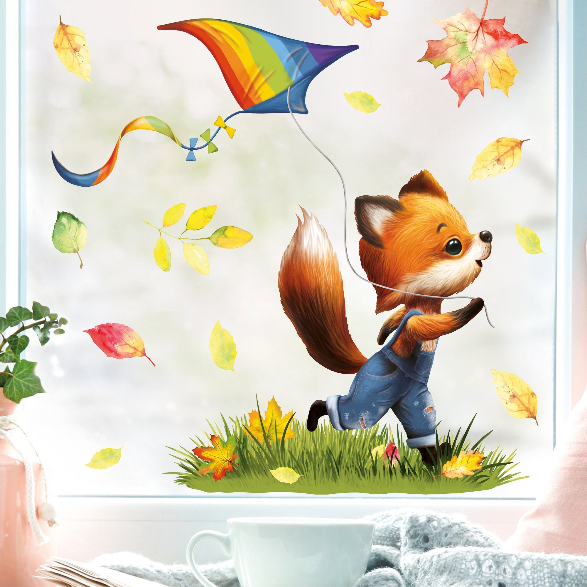 Fensterbild Herbst Herbstblätter Fuchs mit Drachen, bunt wiederverwendbare Fensteraufkleber Kinderzimmer Baby Kind