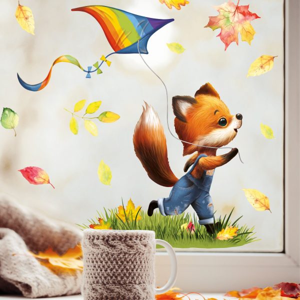 Auf dem Bild ist das Produkt: Fensterbild Herbst Herbstblätter Fuchs mit Drachen, bunt wiederverwendbare Fensteraufkleber Kinderzimmer Baby Kind zum Preis von €13.90 abgebildet.