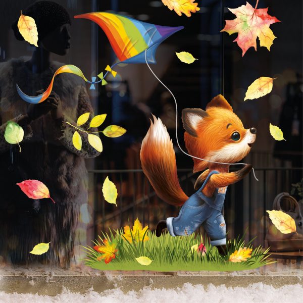 Auf dem Bild ist das Produkt: Fensterbild Herbst Herbstblätter Fuchs mit Drachen, bunt wiederverwendbare Fensteraufkleber Kinderzimmer Baby Kind zum Preis von €13.90 abgebildet.