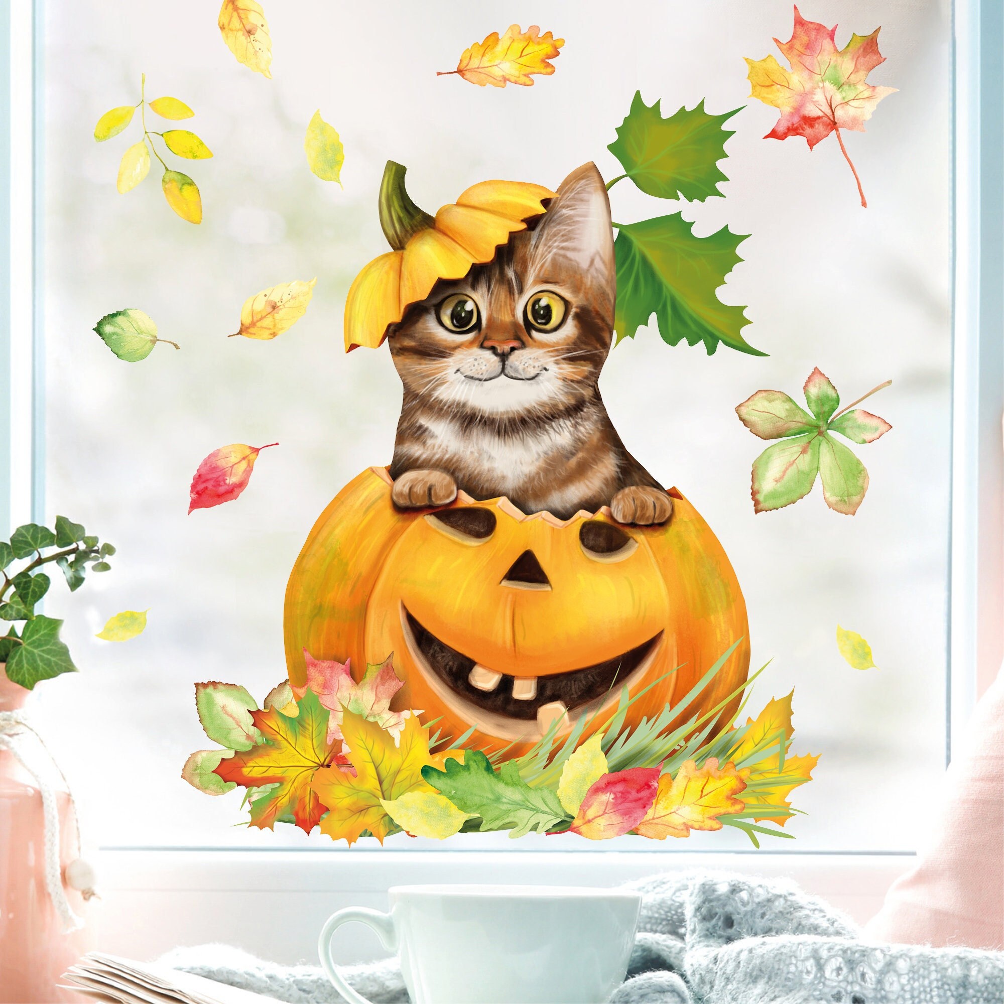 Fensterbild Herbst Herbstfrüchte Herbstblätter Kürbis mit Katze Halloween bunt wiederverwendbare Fensteraufkleber Kinderzimmer Baby Kind