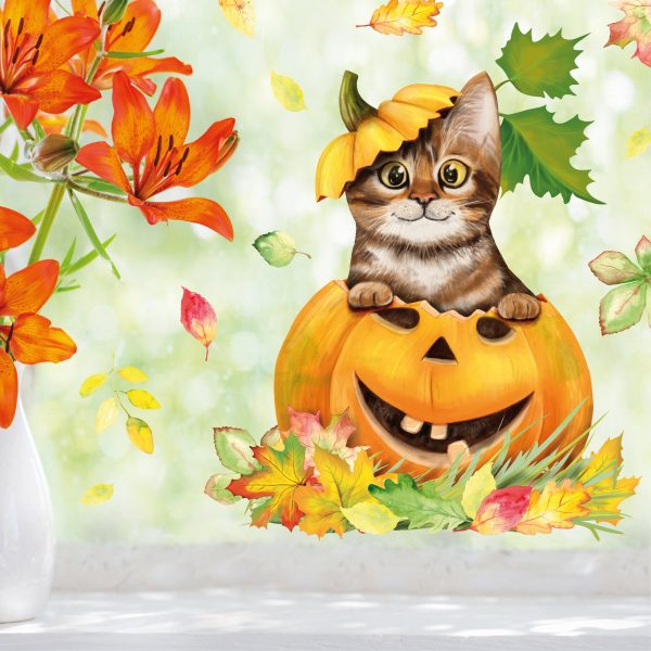 Auf dem Bild ist das Produkt: Fensterbild Herbst Herbstfrüchte Herbstblätter Kürbis mit Katze Halloween bunt wiederverwendbare Fensteraufkleber Kinderzimmer Baby Kind zum Preis von €14.9 abgebildet.