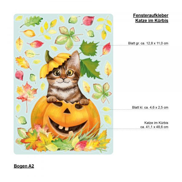Auf dem Bild ist das Produkt: Fensterbild Herbst Herbstfrüchte Herbstblätter Kürbis mit Katze Halloween bunt wiederverwendbare Fensteraufkleber Kinderzimmer Baby Kind zum Preis von €14.9 abgebildet.