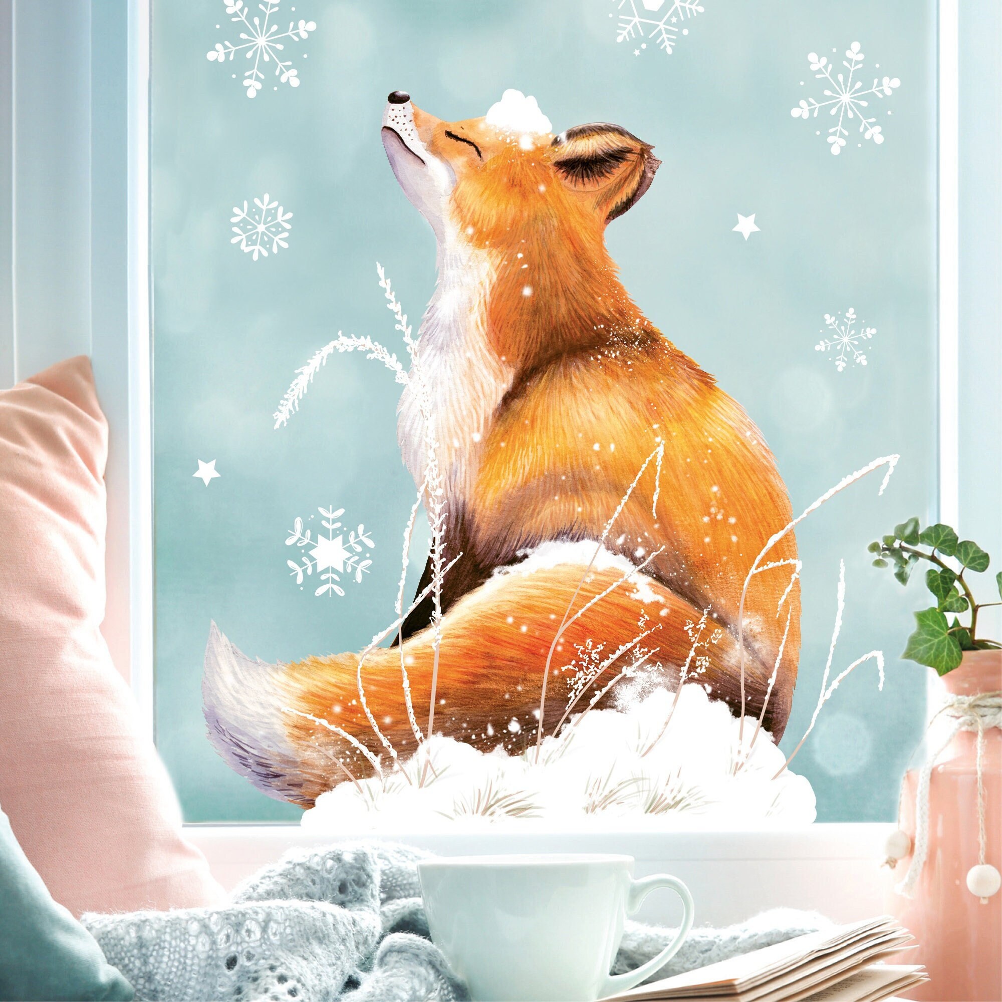 Fensterbild sitzender Fuchs im Profil Winter winterlicher Fensteraufkleber Fensterdeko Weihnachten Schneeflocken