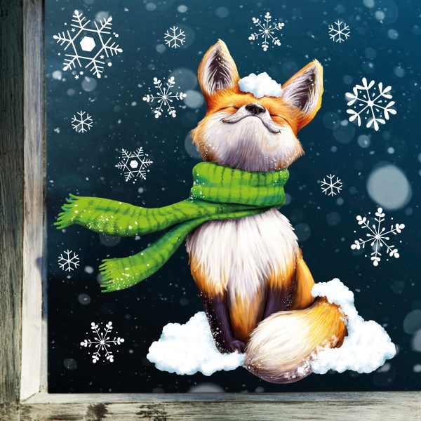 Auf dem Bild ist das Produkt: Fensterbild Weihnachten Winter Fuchs mit Schal und Schneeflocken Fensteraufkleber wiederverwendbar zum Preis von €13.90 abgebildet.