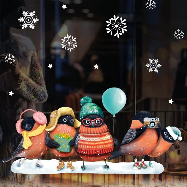 Auf dem Bild ist das Produkt: Fensterbild Weihnachten Winter Gimpel mit Schneeflocken Pudelmütze und Schal, Adventsdeko zum Preis von €13.90 abgebildet.