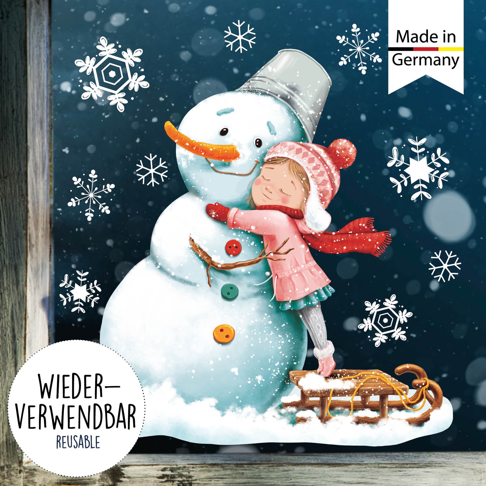 11-teilige Fensterbilder 'Schneemann Mit Schirm' – Glitzernde Wintersticker, Wiederverwendbar