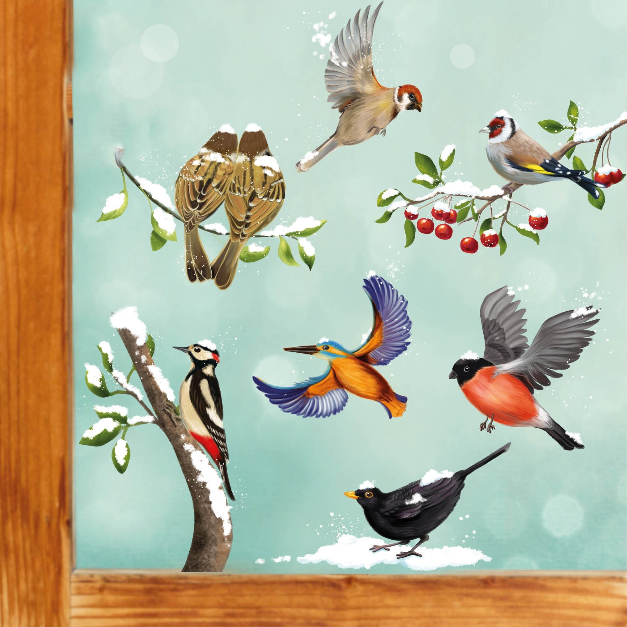 Fensterbild Weihnachten Winter Vögel Set mit Schnee, Fensterdeko winterlich, Adventsdeko
