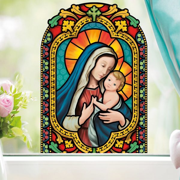 Fensterbild Winter Kirche Maria mit Kind, bunt farbig rund wiederverwendbarer Fensteraufkleber Mosaik Weihnachten