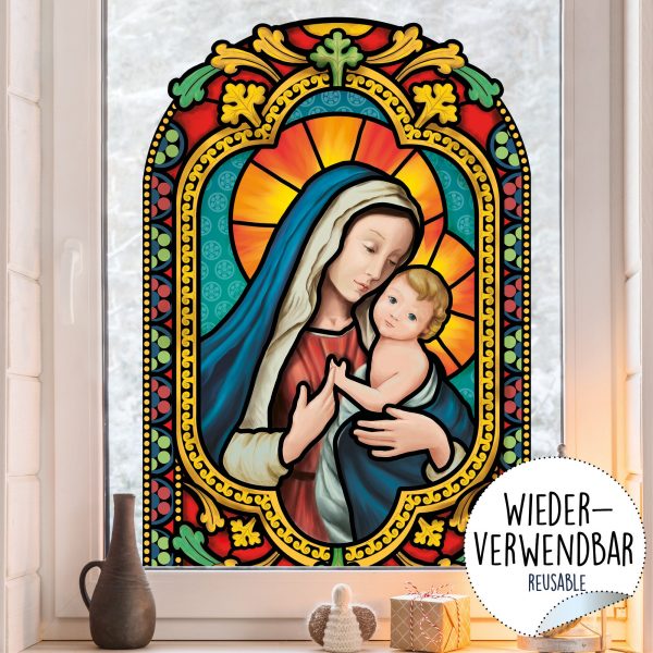 Auf dem Bild ist das Produkt: Fensterbild Winter Kirche Maria mit Kind wiederverwendbarer Fensteraufkleber Mosaik Weihnachten zum Preis von €9.90 abgebildet.