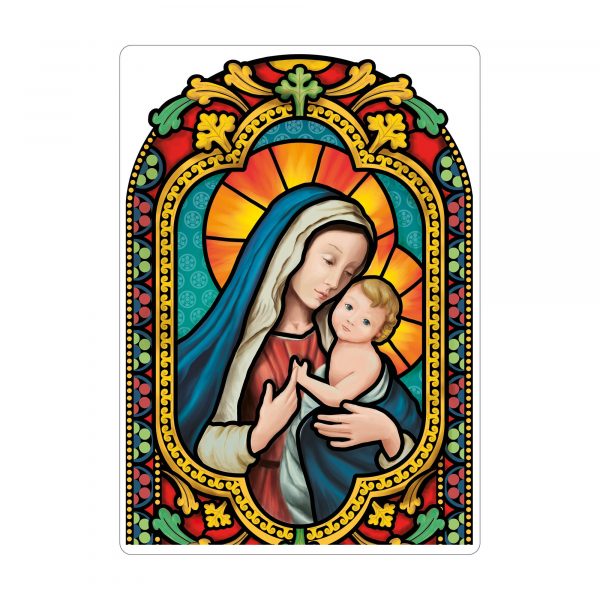Auf dem Bild ist das Produkt: Fensterbild Winter Kirche Maria mit Kind wiederverwendbarer Fensteraufkleber Mosaik Weihnachten zum Preis von €9.90 abgebildet.