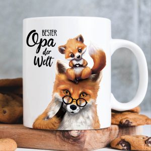 Auf dem Bild ist das Produkt: Ostergeschenk, Tasse bedruckt Fuchs Opa mit Fuchsjunges Bester Opa der Welt, Geschenk Geburtstag zum Preis von €15.90 abgebildet.
