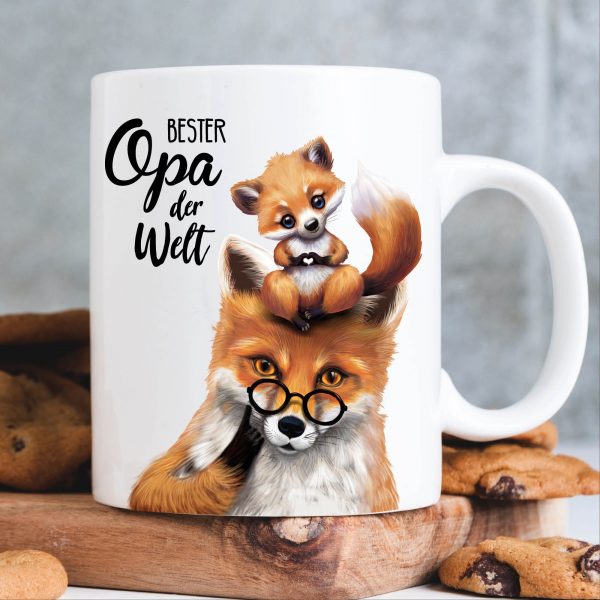 Auf dem Bild ist das Produkt: Ostergeschenk, Tasse bedruckt Fuchs Opa mit Fuchsjunges Bester Opa der Welt, Geschenk Geburtstag zum Preis von €15.90 abgebildet.