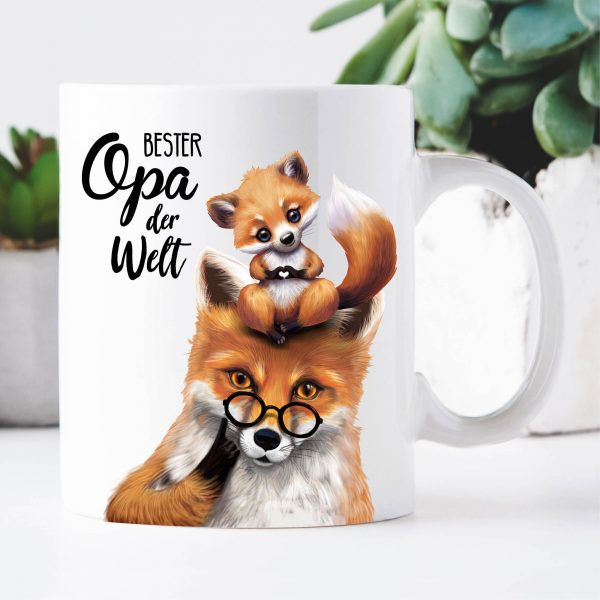 Auf dem Bild ist das Produkt: Ostergeschenk, Tasse bedruckt Fuchs Opa mit Fuchsjunges Bester Opa der Welt, Geschenk Geburtstag zum Preis von €15.90 abgebildet.