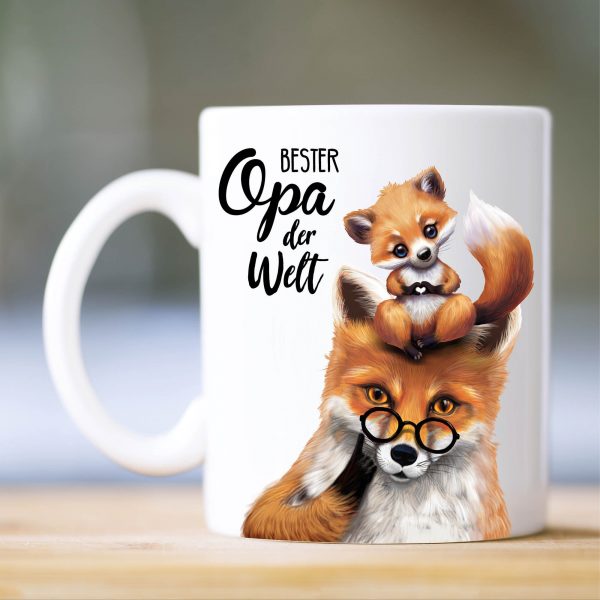 Auf dem Bild ist das Produkt: Ostergeschenk, Tasse bedruckt Fuchs Opa mit Fuchsjunges Bester Opa der Welt, Geschenk Geburtstag zum Preis von €15.90 abgebildet.
