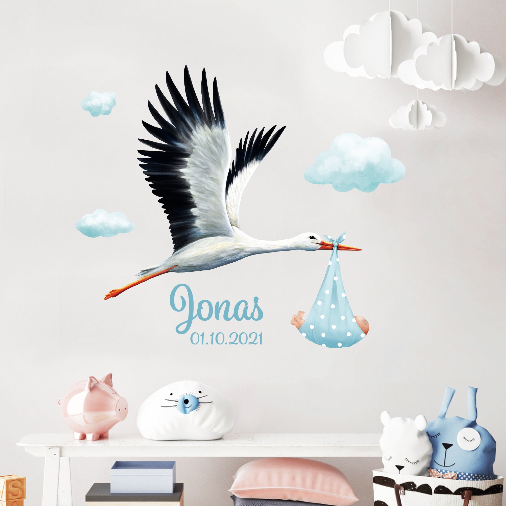 Personalisiertes Wandtattoo Kinderzimmer Storch mit Baby mit Wunschnamen  und Datum Dekoration Babyzimmer | Wandtattoo Loft