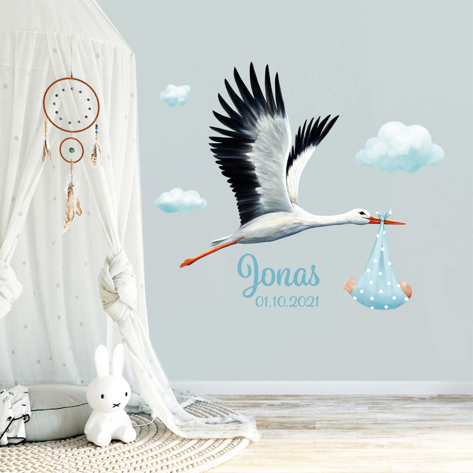 Personalisiertes Wandtattoo Kinderzimmer Storch mit Baby mit Wunschnamen  und Datum Dekoration Babyzimmer | Wandtattoo Loft