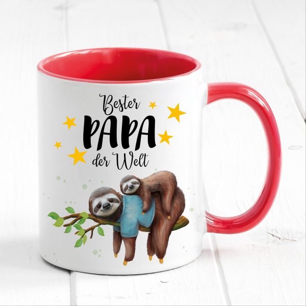 Auf dem Bild ist das Produkt: Tasse bedruckt Faultier mit Tochter oder Sohn Bester Papa der Welt, Geschenk Vater, Geburtstag Kaffeetasse Kaffeebecher, Vatertag zum Preis von €17.90 abgebildet.