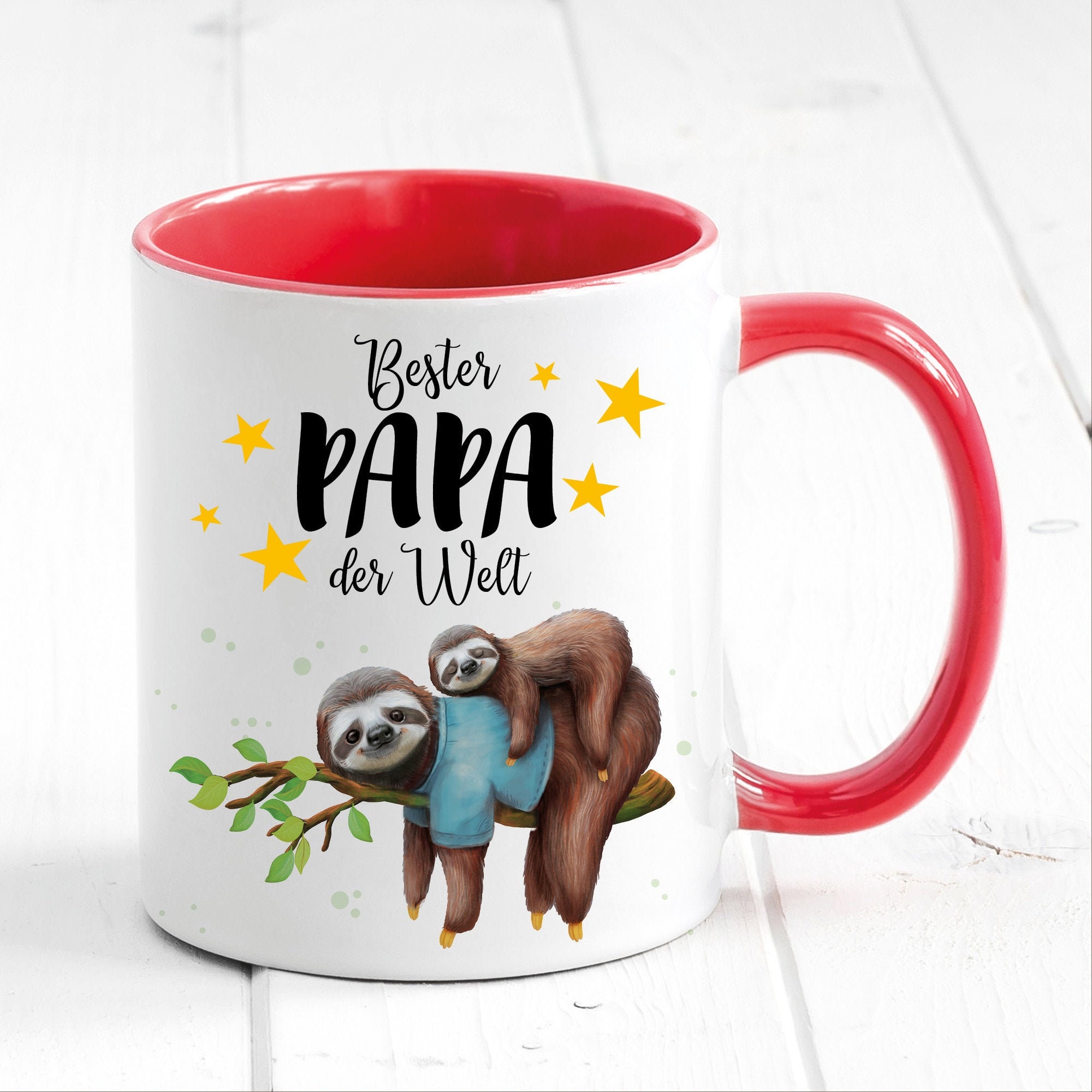 Tasse bedruckt Faultier mit Tochter oder Sohn Bester Papa der Welt, Geschenk Vater, Geburtstag Kaffeetasse Kaffeebecher, Vatertag
