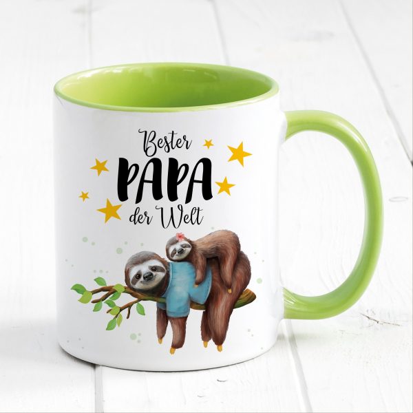 Auf dem Bild ist das Produkt: Tasse bedruckt Faultier mit Tochter oder Sohn Bester Papa der Welt, Geschenk Vater, Geburtstag Kaffeetasse Kaffeebecher, Vatertag zum Preis von €17.90 abgebildet.