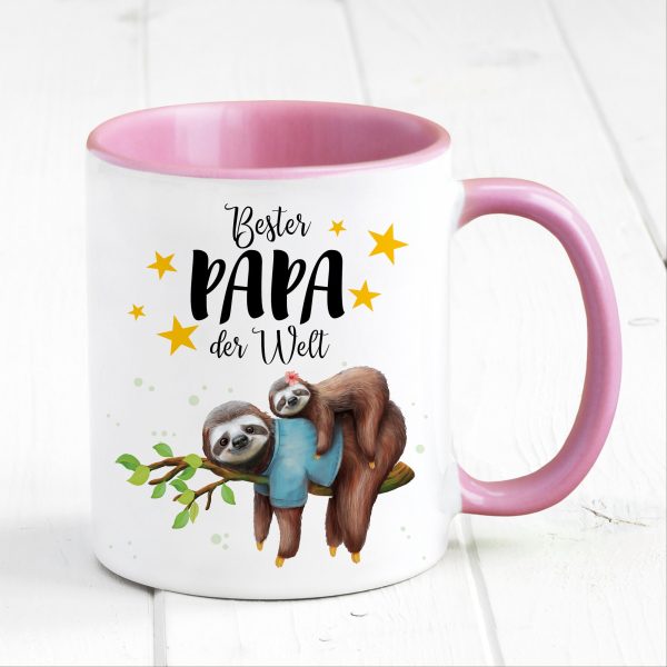 Auf dem Bild ist das Produkt: Tasse bedruckt Faultier mit Tochter oder Sohn Bester Papa der Welt, Geschenk Vater, Geburtstag Kaffeetasse Kaffeebecher, Vatertag zum Preis von €17.90 abgebildet.