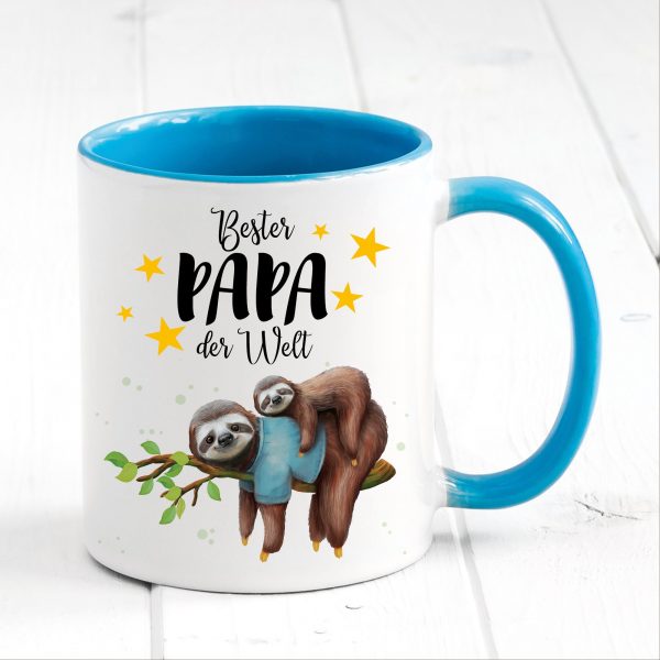 Auf dem Bild ist das Produkt: Tasse bedruckt Faultier mit Tochter oder Sohn Bester Papa der Welt, Geschenk Vater, Geburtstag Kaffeetasse Kaffeebecher, Vatertag zum Preis von €17.90 abgebildet.