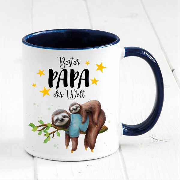 Auf dem Bild ist das Produkt: Tasse bedruckt Faultier mit Tochter oder Sohn Bester Papa der Welt, Geschenk Vater, Geburtstag Kaffeetasse Kaffeebecher, Vatertag zum Preis von €17.90 abgebildet.