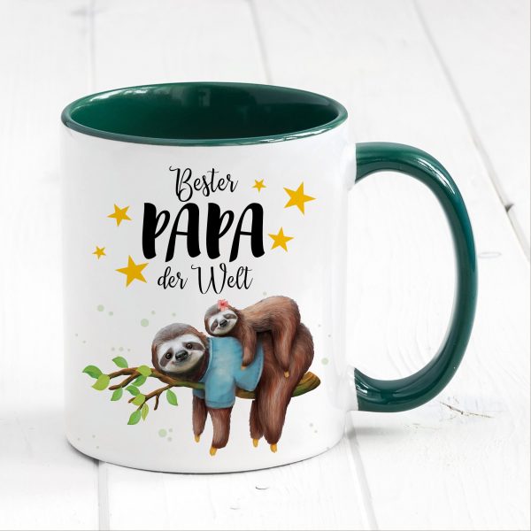 Auf dem Bild ist das Produkt: Tasse bedruckt Faultier mit Tochter oder Sohn Bester Papa der Welt, Geschenk Vater, Geburtstag Kaffeetasse Kaffeebecher, Vatertag zum Preis von €17.90 abgebildet.