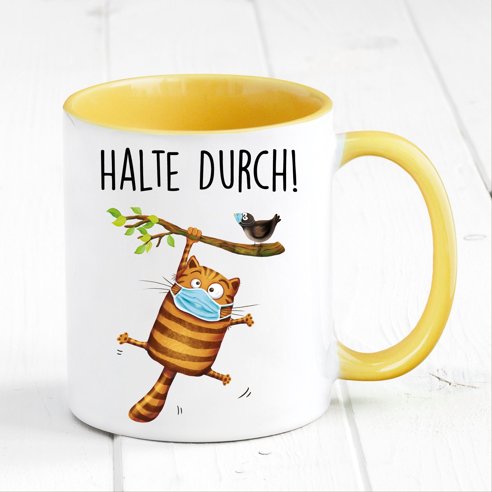 Tasse bedruckt Katze mit Maske Halte durch!, Motivation Geschenk Kaffeetasse Kaffeebecher, Ostergeschenk