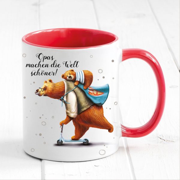 Auf dem Bild ist das Produkt: Tasse bedruckt mit Bär auf Scooter Opas machen die Welt schöner Geschenk Vater Kaffeetasse Kaffeebeche Vatertagsgeschenk zum Preis von €17.90 abgebildet.