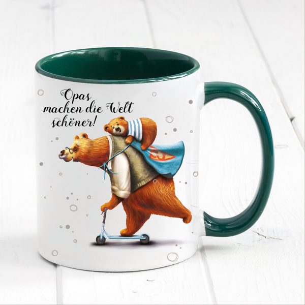 Auf dem Bild ist das Produkt: Tasse bedruckt mit Bär auf Scooter Opas machen die Welt schöner Geschenk Vater Kaffeetasse Kaffeebeche Vatertagsgeschenk zum Preis von €17.90 abgebildet.